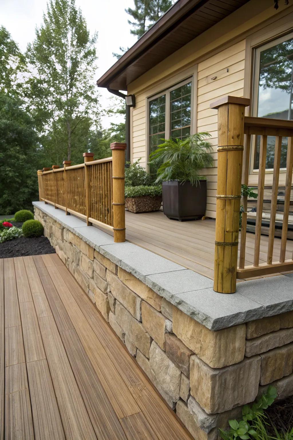 A tranquil deck featuring a harmonious fusion of stone and bamboo cladding.