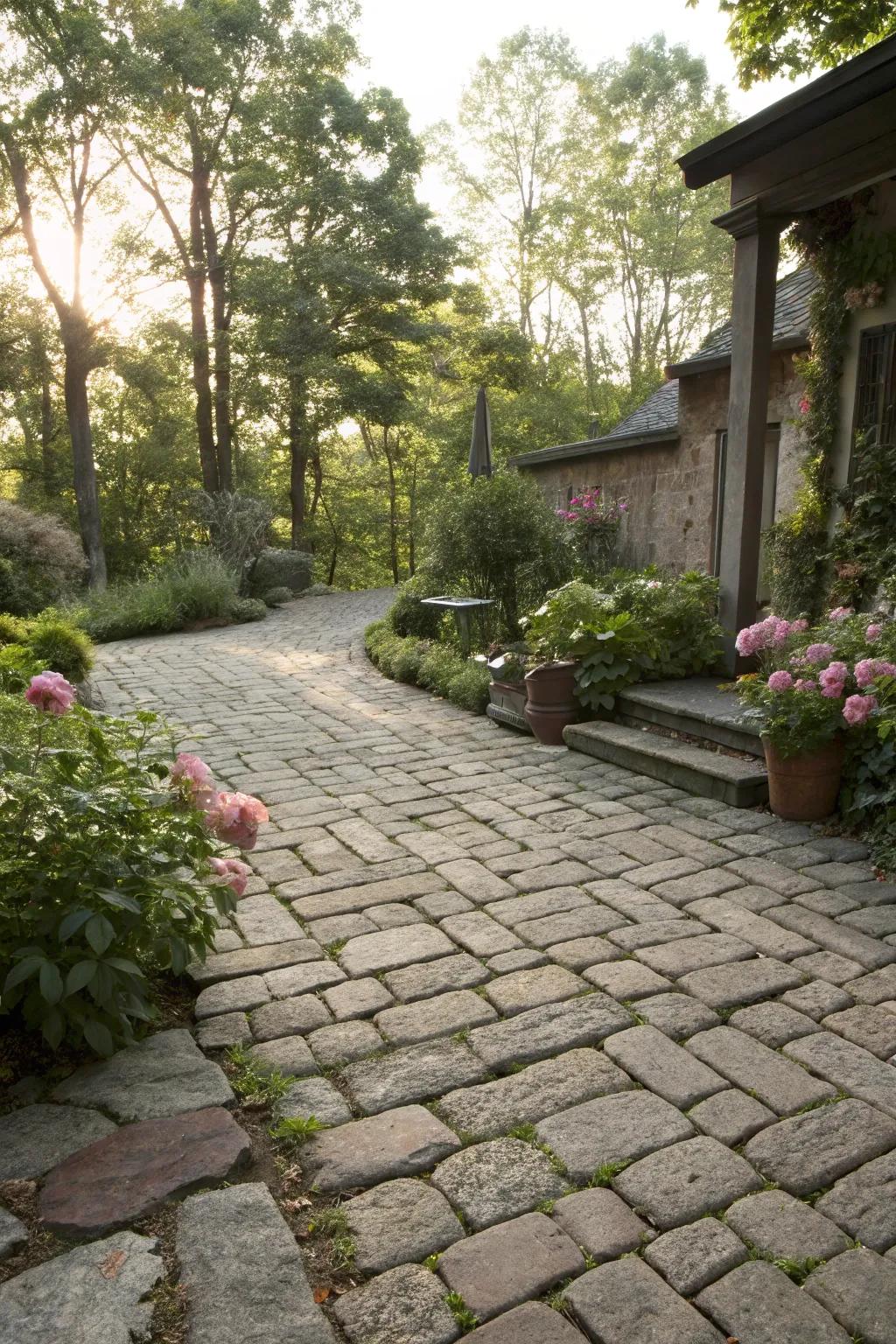 A stone patio that displays classic cobble charm.