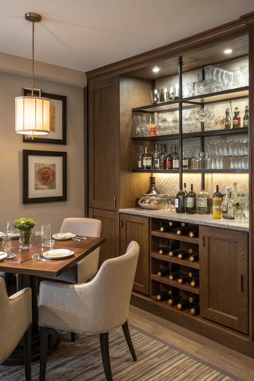 A dining space featuring a mini-bar built into an accent wall.