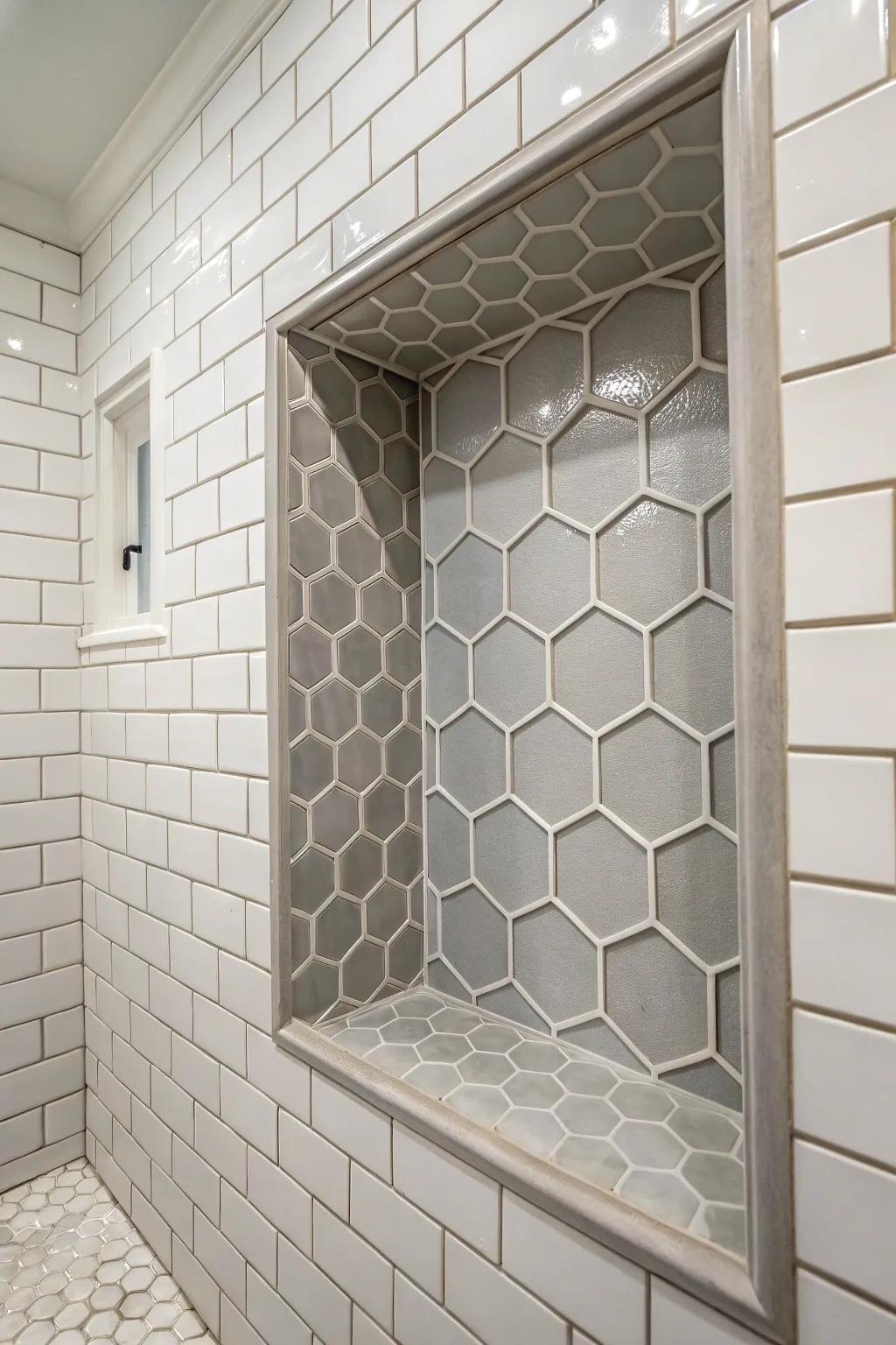 A stylish niche featuring hexagon tile.