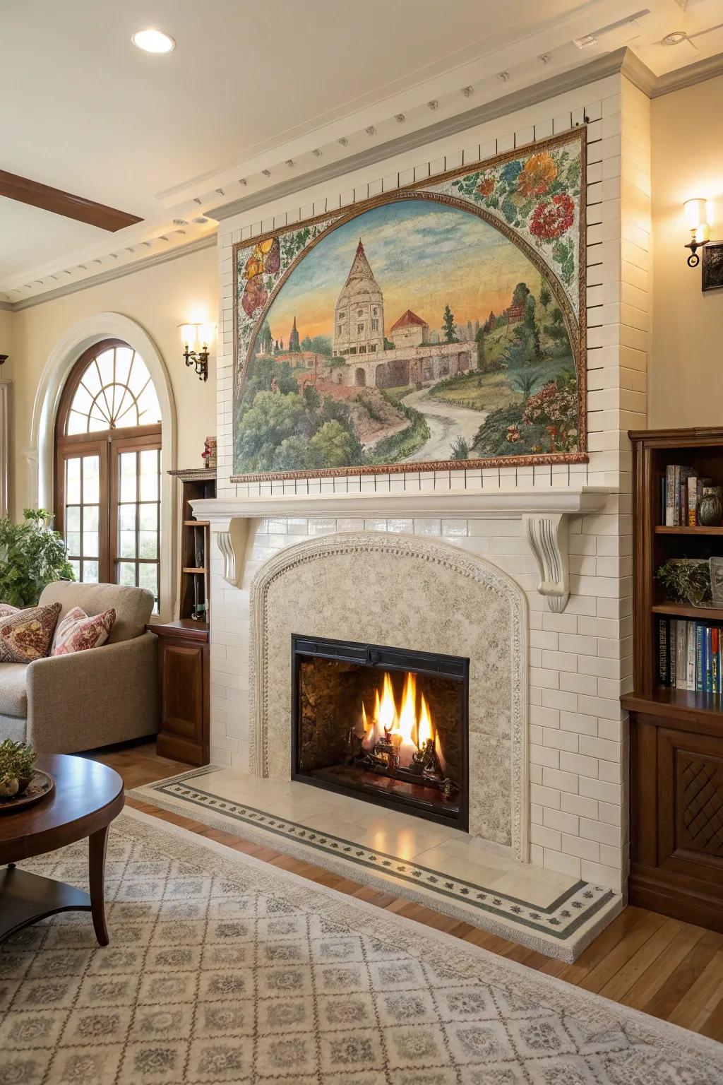 Artistic compositions transform this rectangular tile fireplace into a storytelling centerpiece.
