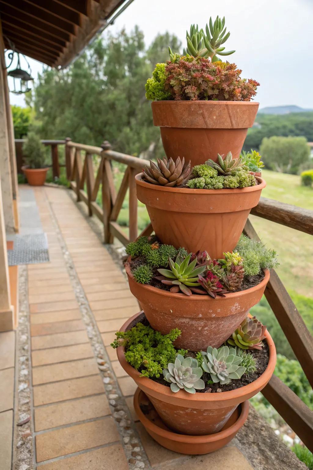 A tiered earthyware arrangement exhibiting a variety of succulents.