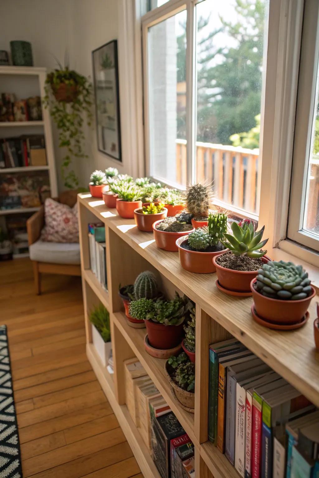 A charming indoor display featuring succulents and other decorative elements.