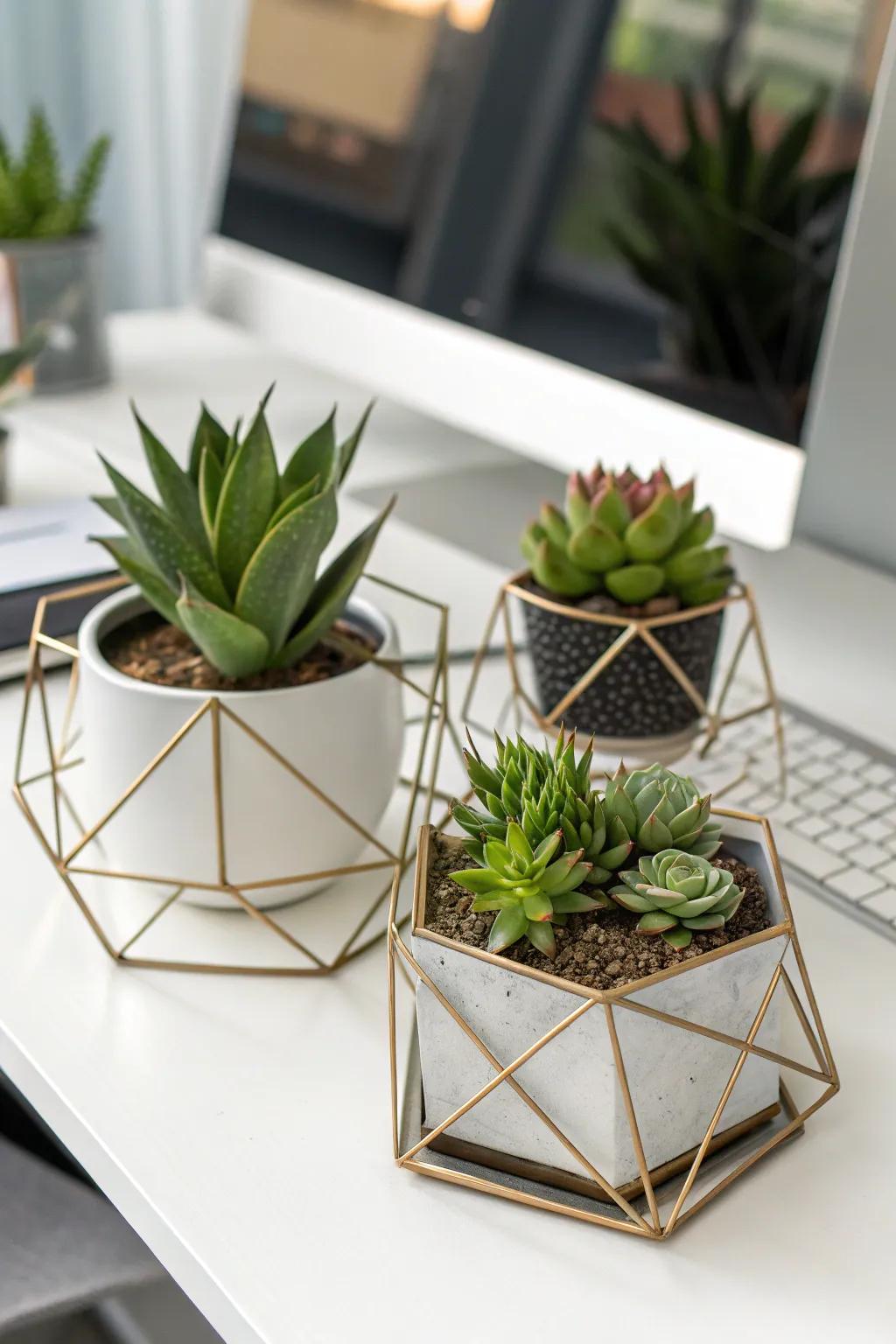 Geometric metal holders offer a sleek, contemporary look for succulents.
