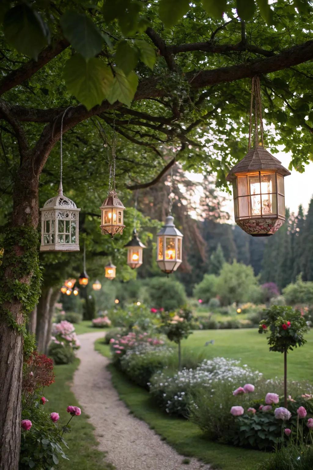 A garden adorned with quirky suspending lanterns.