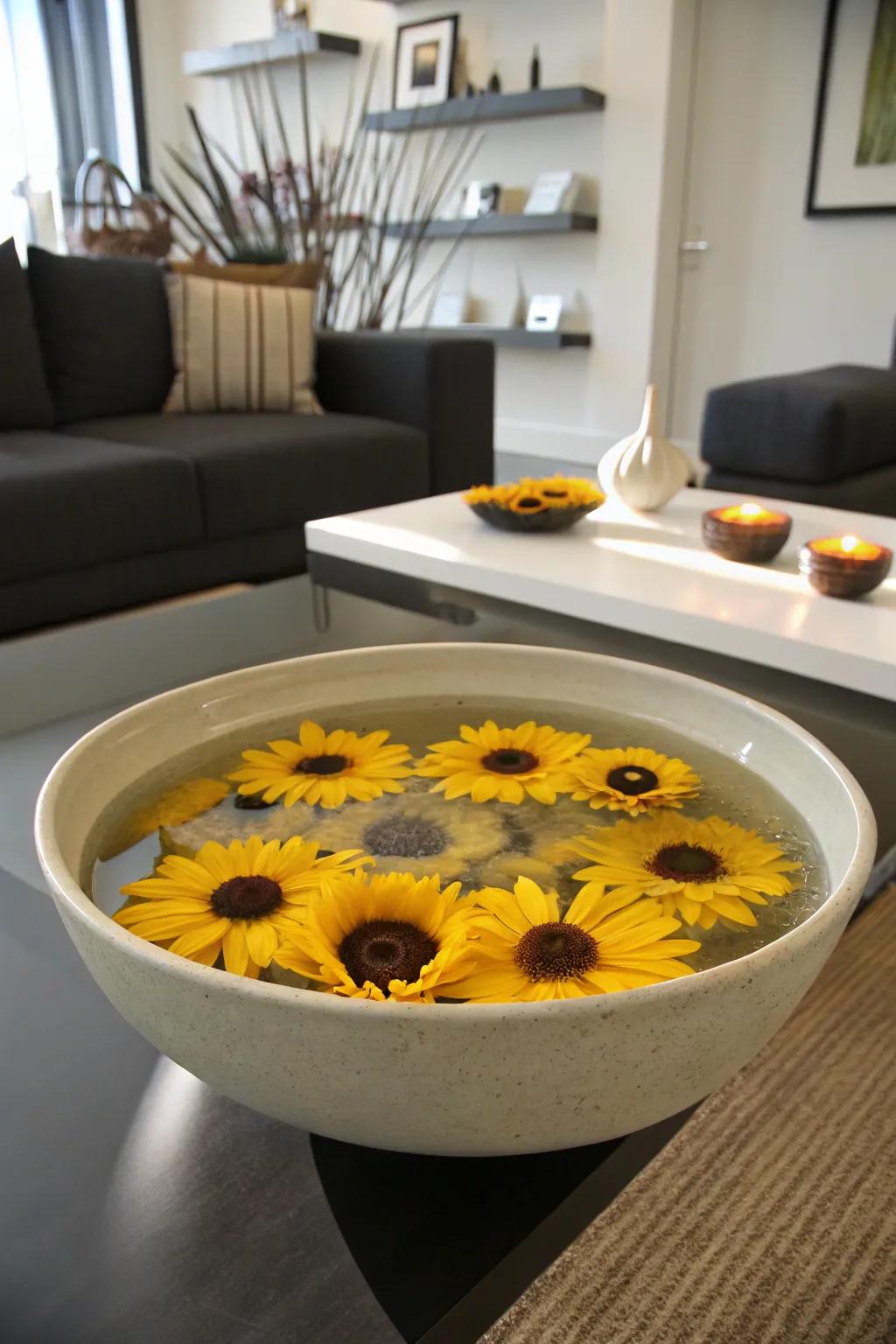 A mesmerizing buoyant sunflower exhibition adorning your coffee surface.