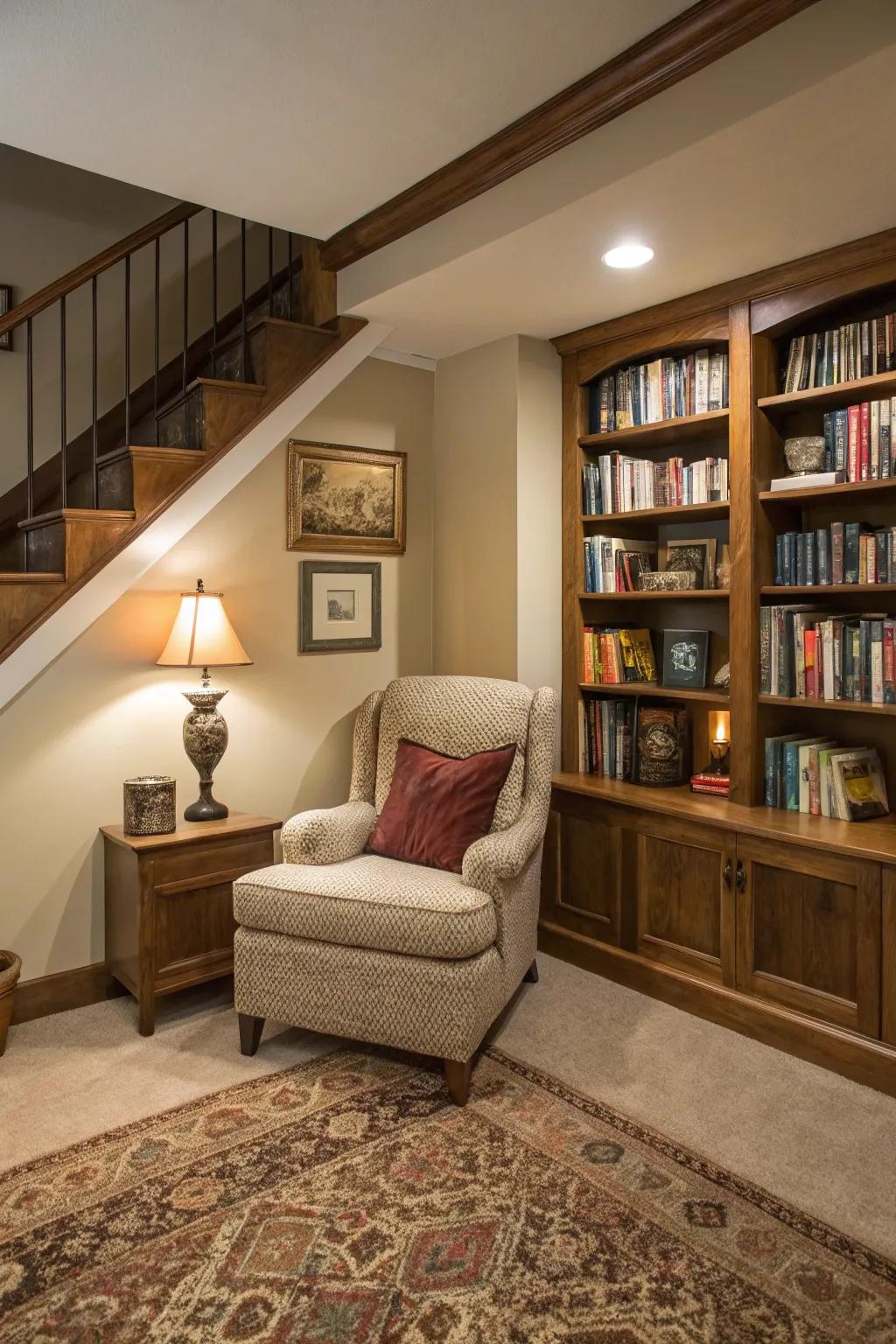 A recessed living room with a cozy reading alcove.