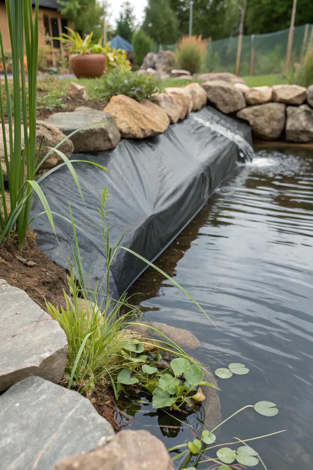 An eco-friendly base promotes sustainability in the pond design.