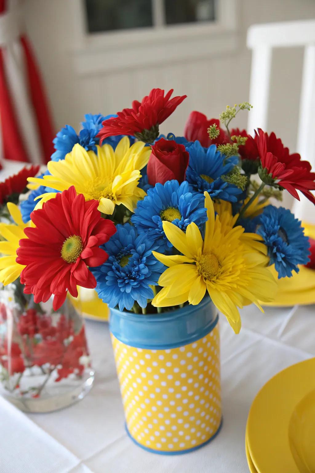 An audacious centerpiece showcasing a spectrum of primary-colored blooms.