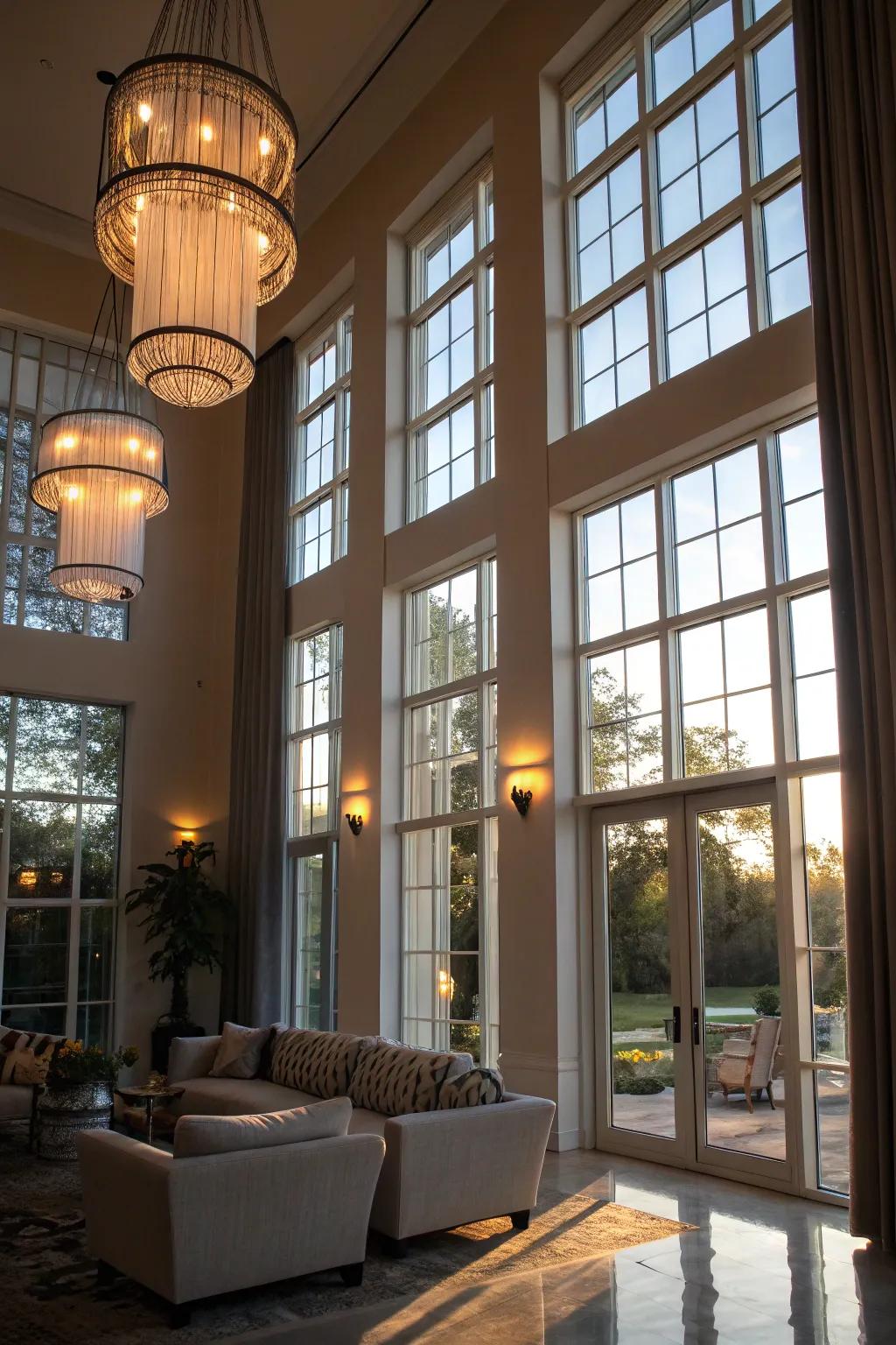 Unique light fixtures that complement expansive windows.