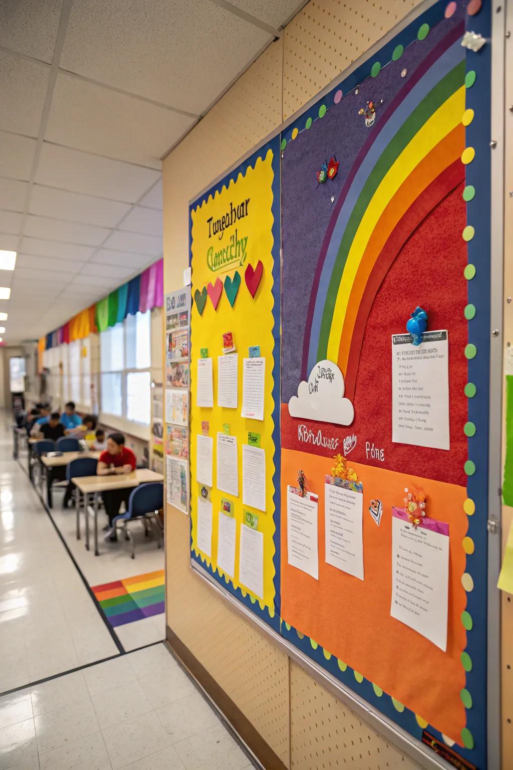 A rainbow-themed board celebrating the diverse qualities of teachers.