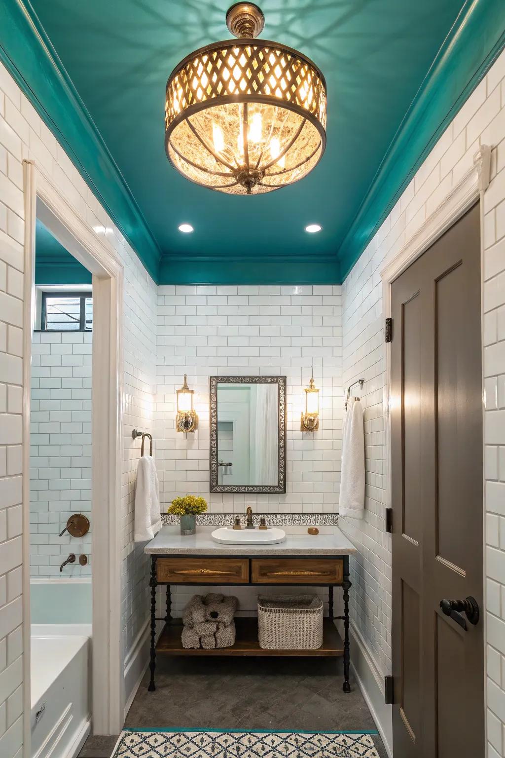 Create a cozy atmosphere with an aquatic green ceiling.