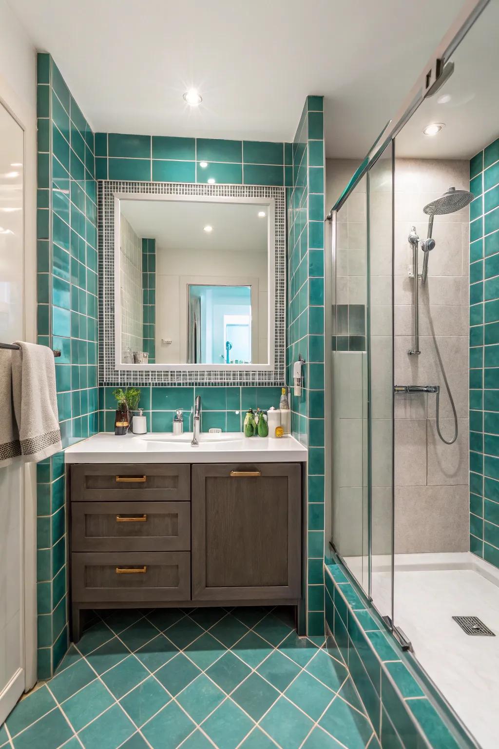Aqua brick borders give your bathroom definition and beauty.