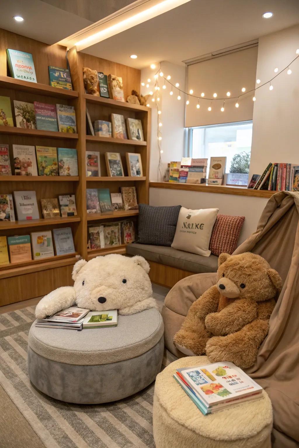 A story spot offers a quiet escape for guests of all ages.