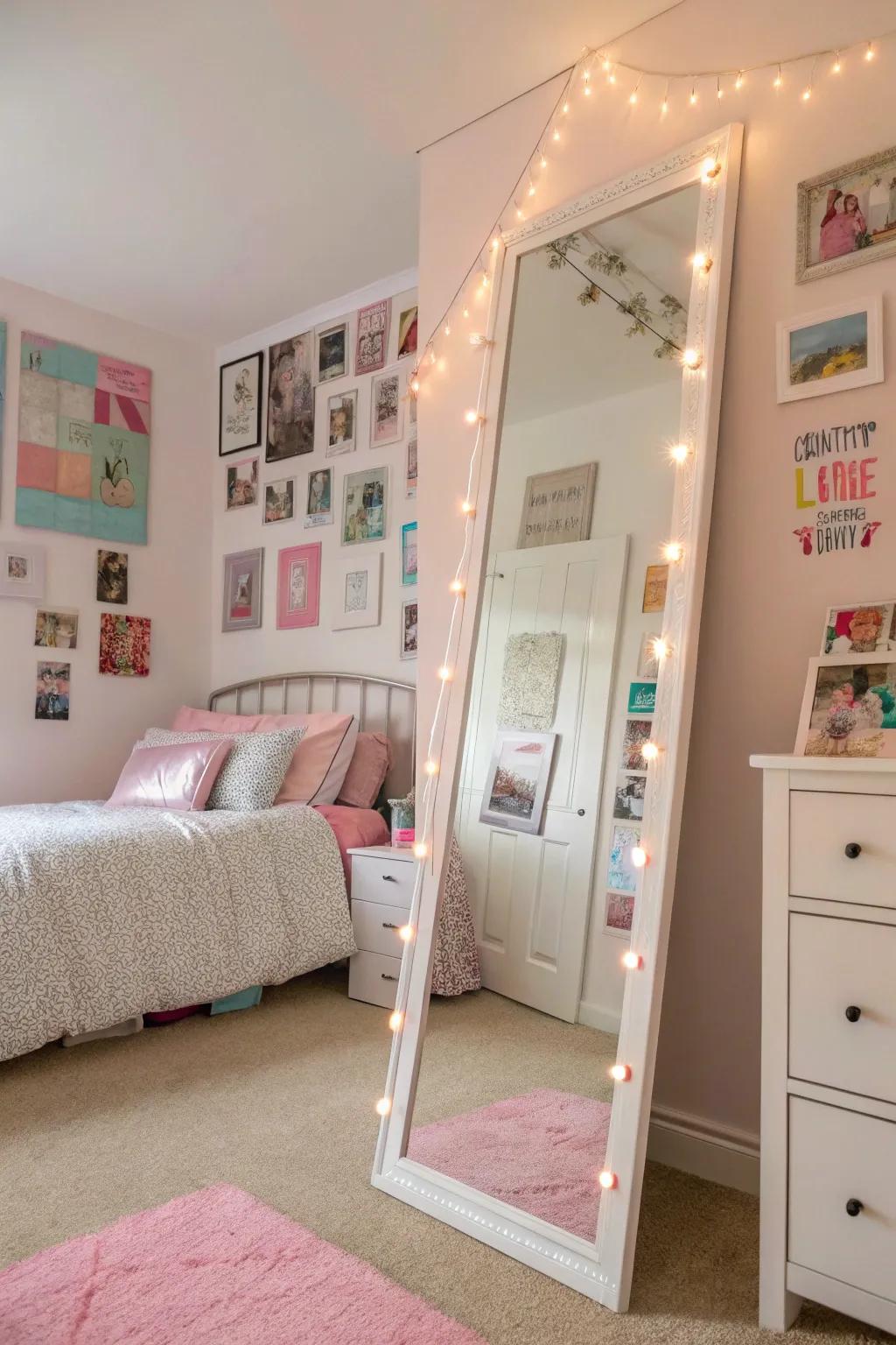 A large mirror enhances brightness and space in a teenage girl's bedroom.