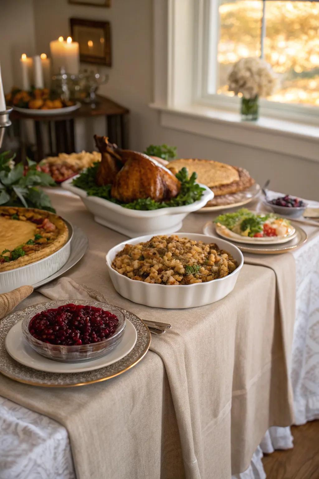 The layered linens offer an elegant and sophisticated base.