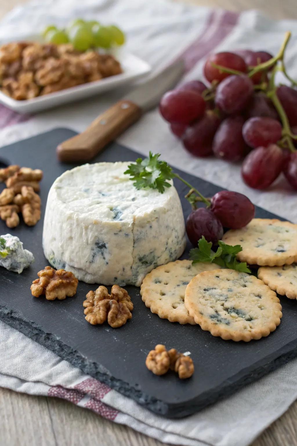 Savory blue cheese ball boasting bold flavors.
