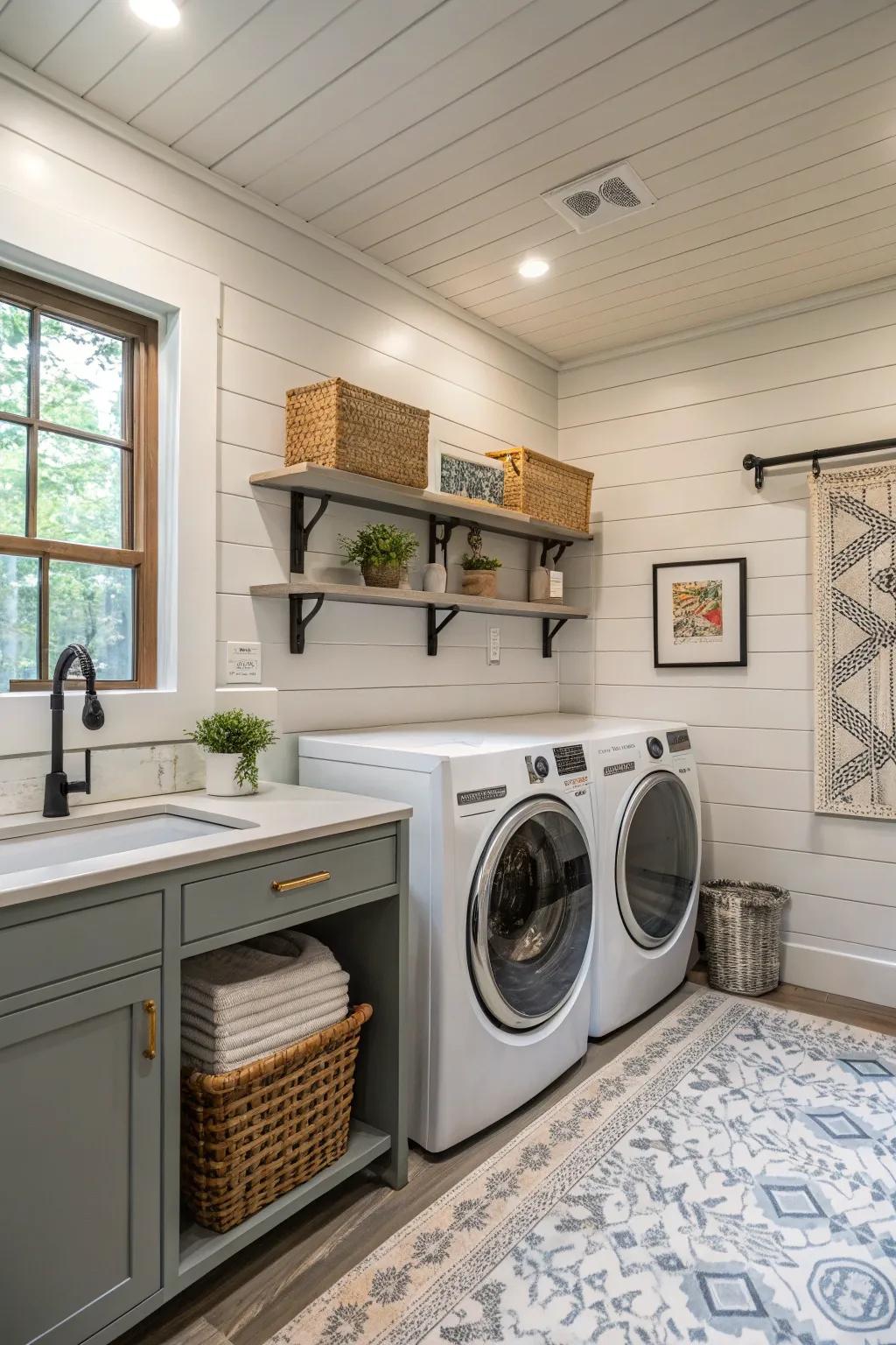 Painted shiplap walls bring style to this laundry room.