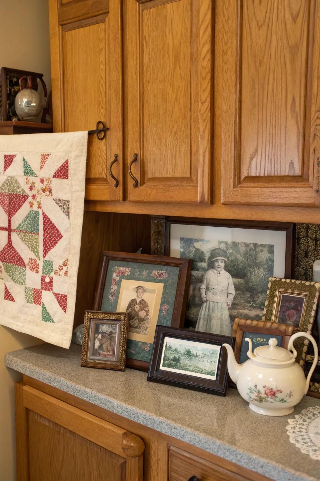 Infuse your kitchen with warmth using family treasures atop your cabinets.