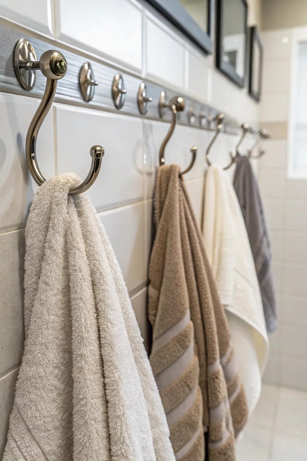 Wall hooks provide easy towel access.