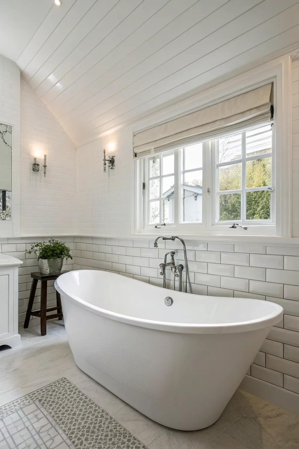 A white bathroom presenting an attention-grabbing tub that secures the space.