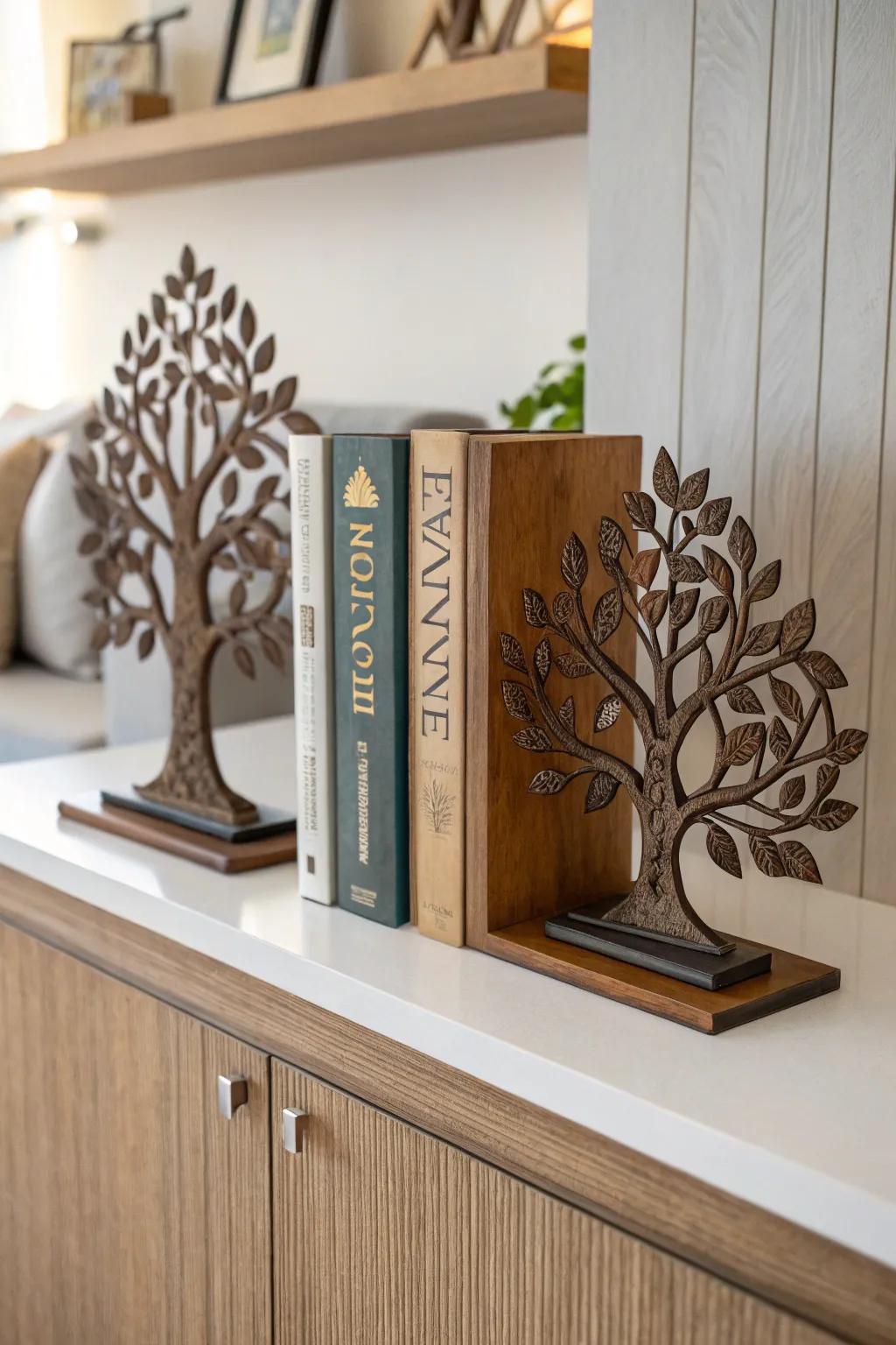 Arbor Vitae bookends add a unique touch to a stylish bookshelf.
