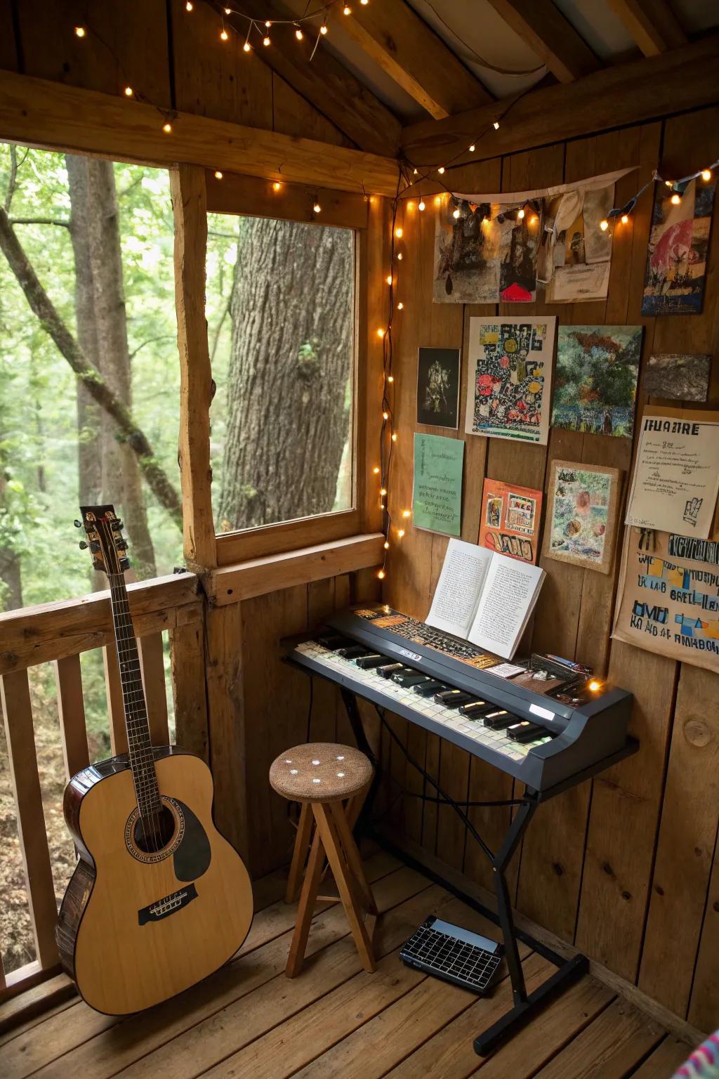 A music corner in a treehouse, inspiring creativity with a guitar and small keyboard.