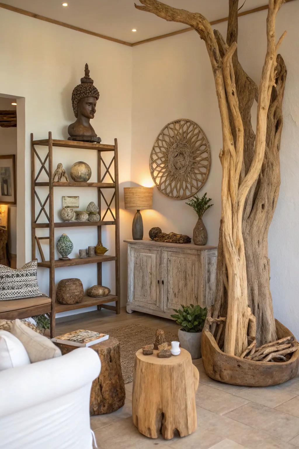 A natural and rustic detail is delivered through the use of driftwood accents.