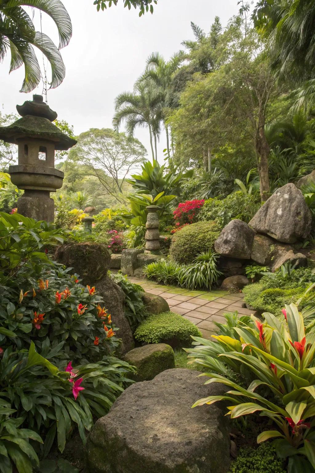 Natural stone features adding an earthy touch to the tropical garden.