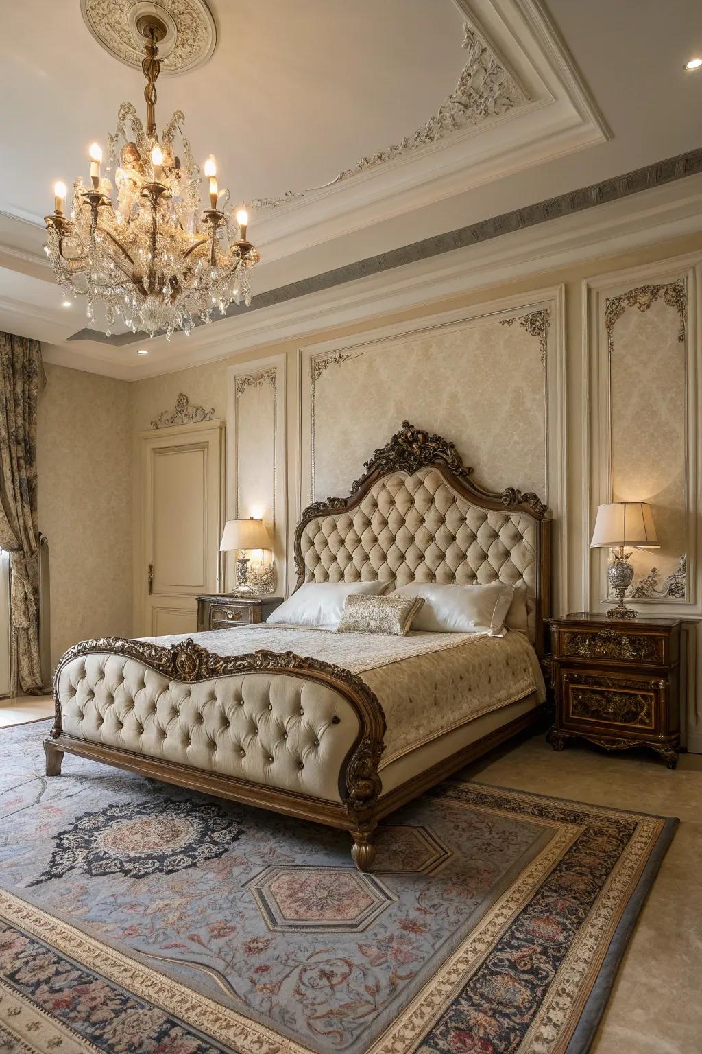 A Victorian bedroom features an elegant tufted headboard.