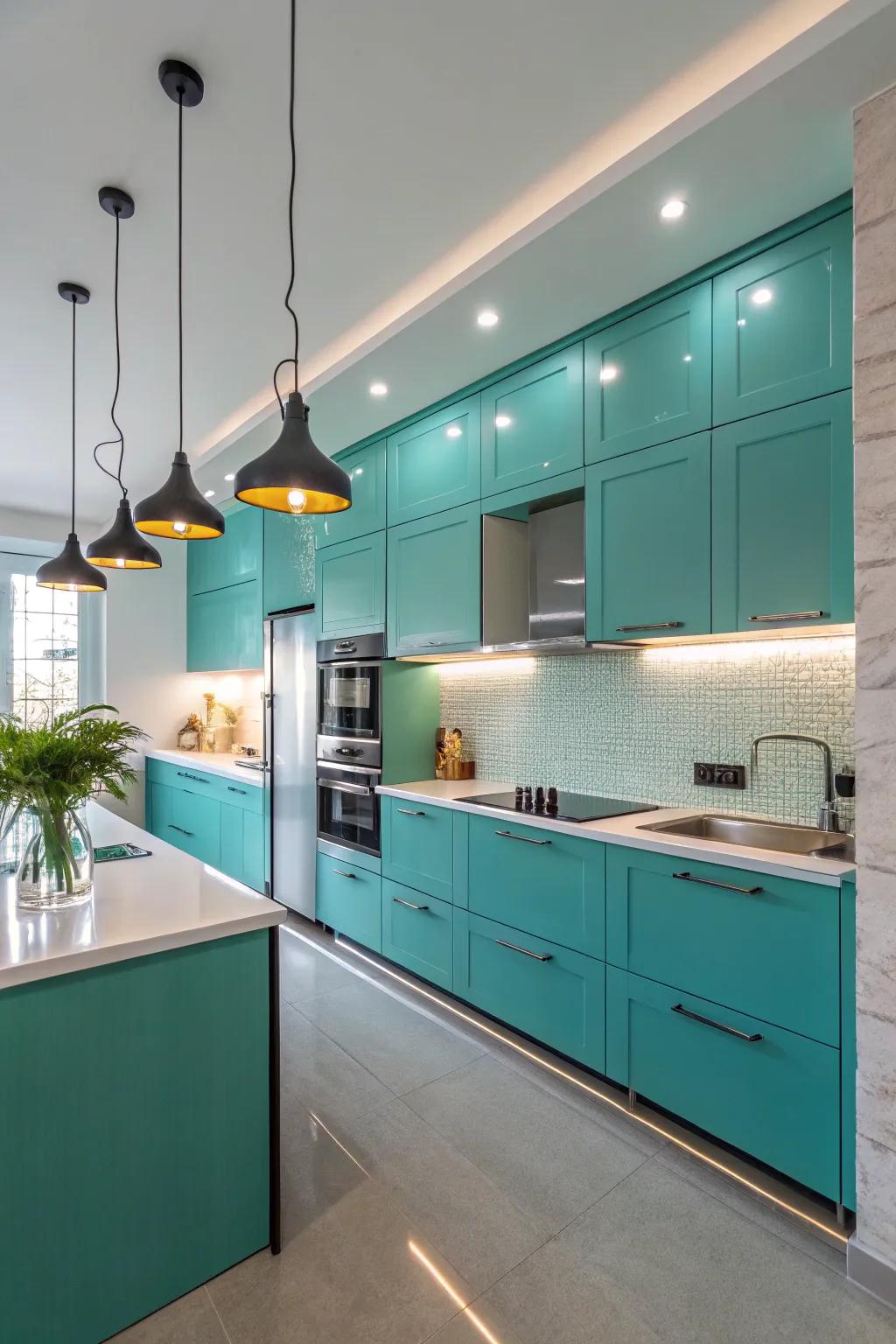 Strategic illumination enhancing the beauty of robin's egg blue kitchen cabinets.
