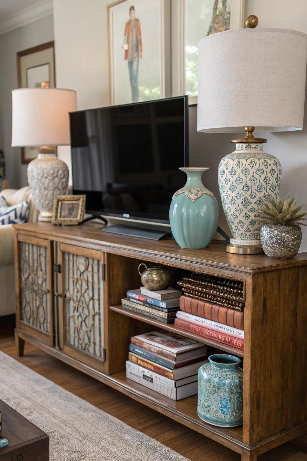 An eclectic fusion of styles and objects on a TV console.