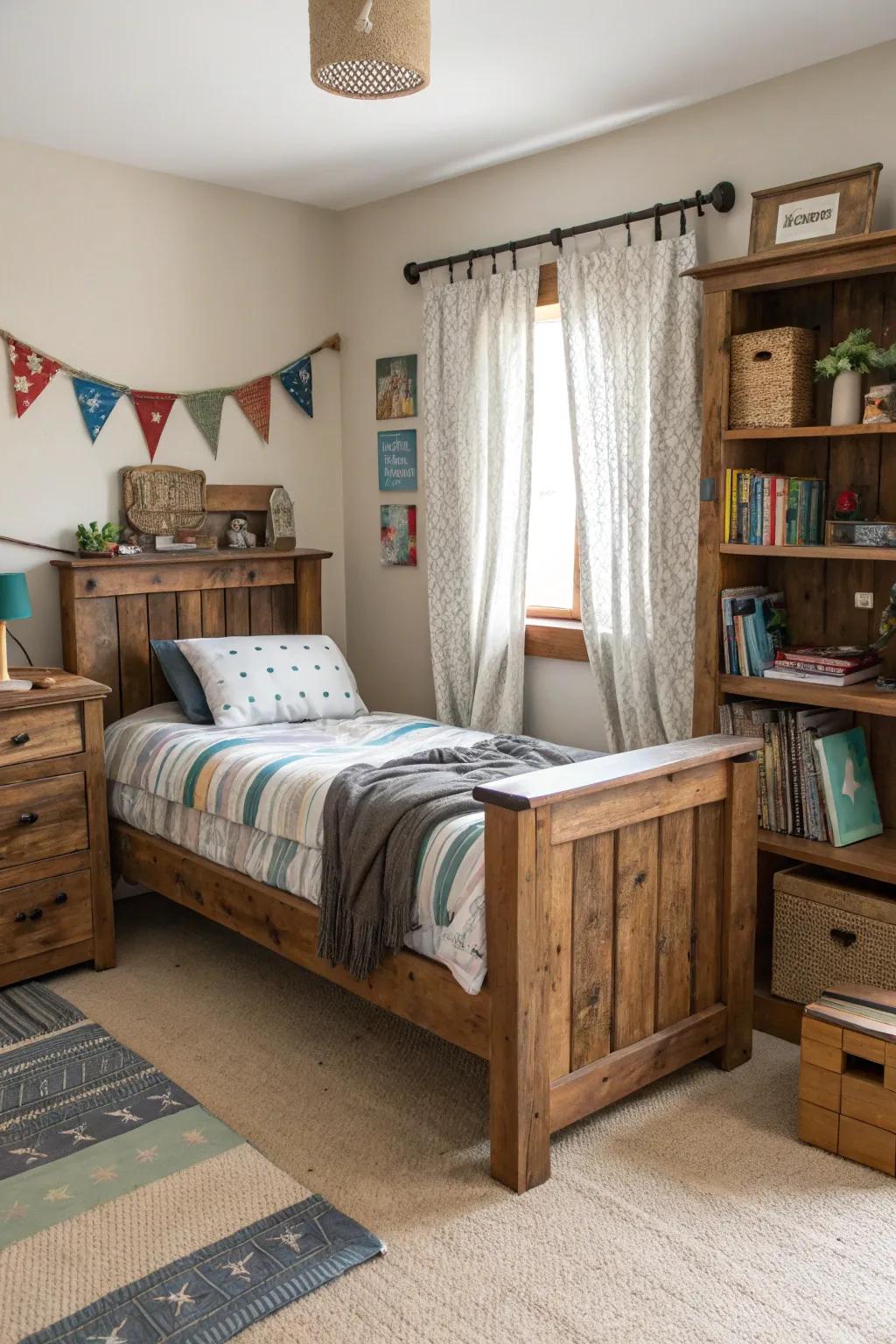 A bedroom showcasing sustainable materials like reclaimed wood and organic cotton.