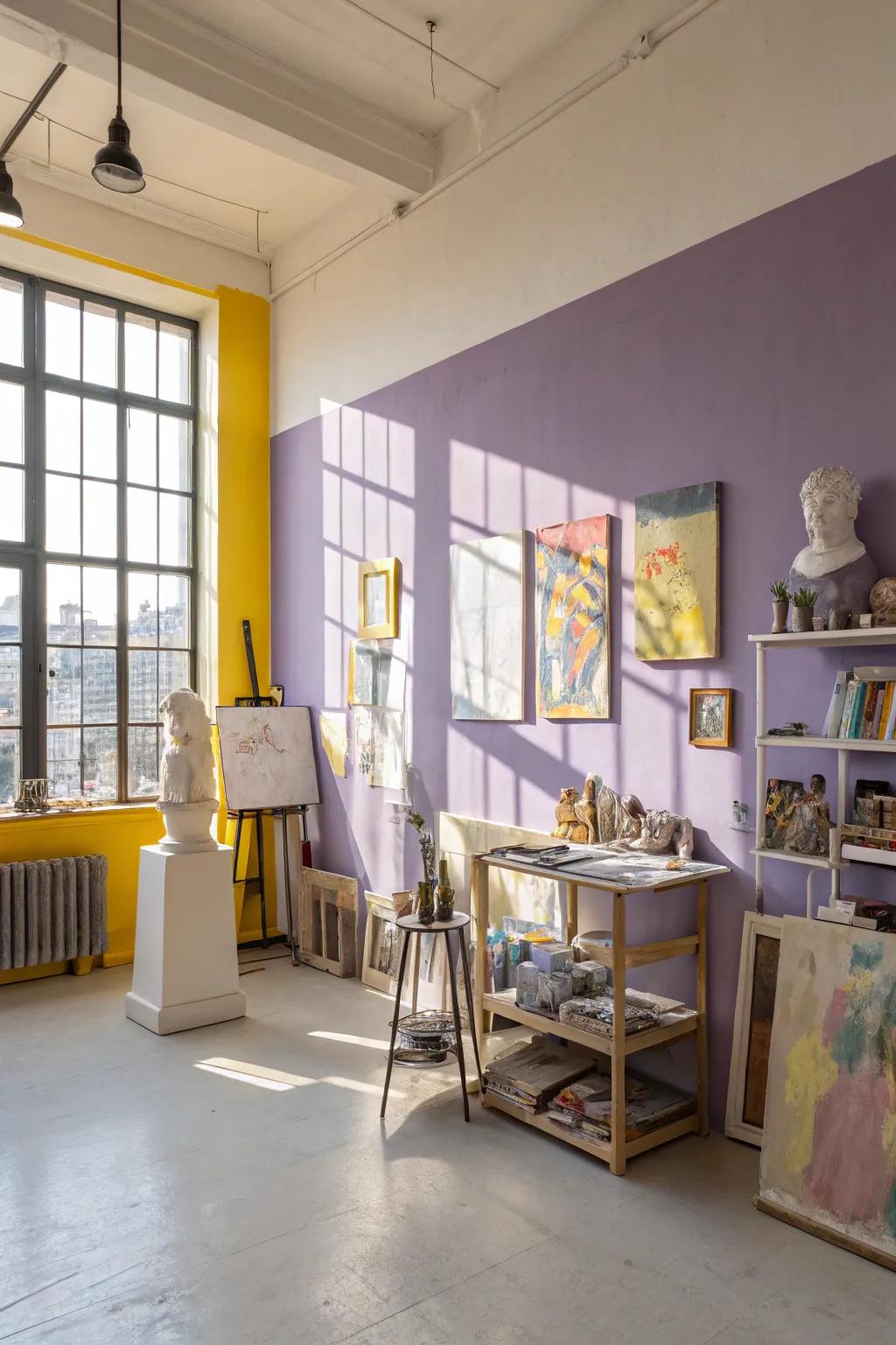 Art studio showcasing unexpected pastel two-toned walls.