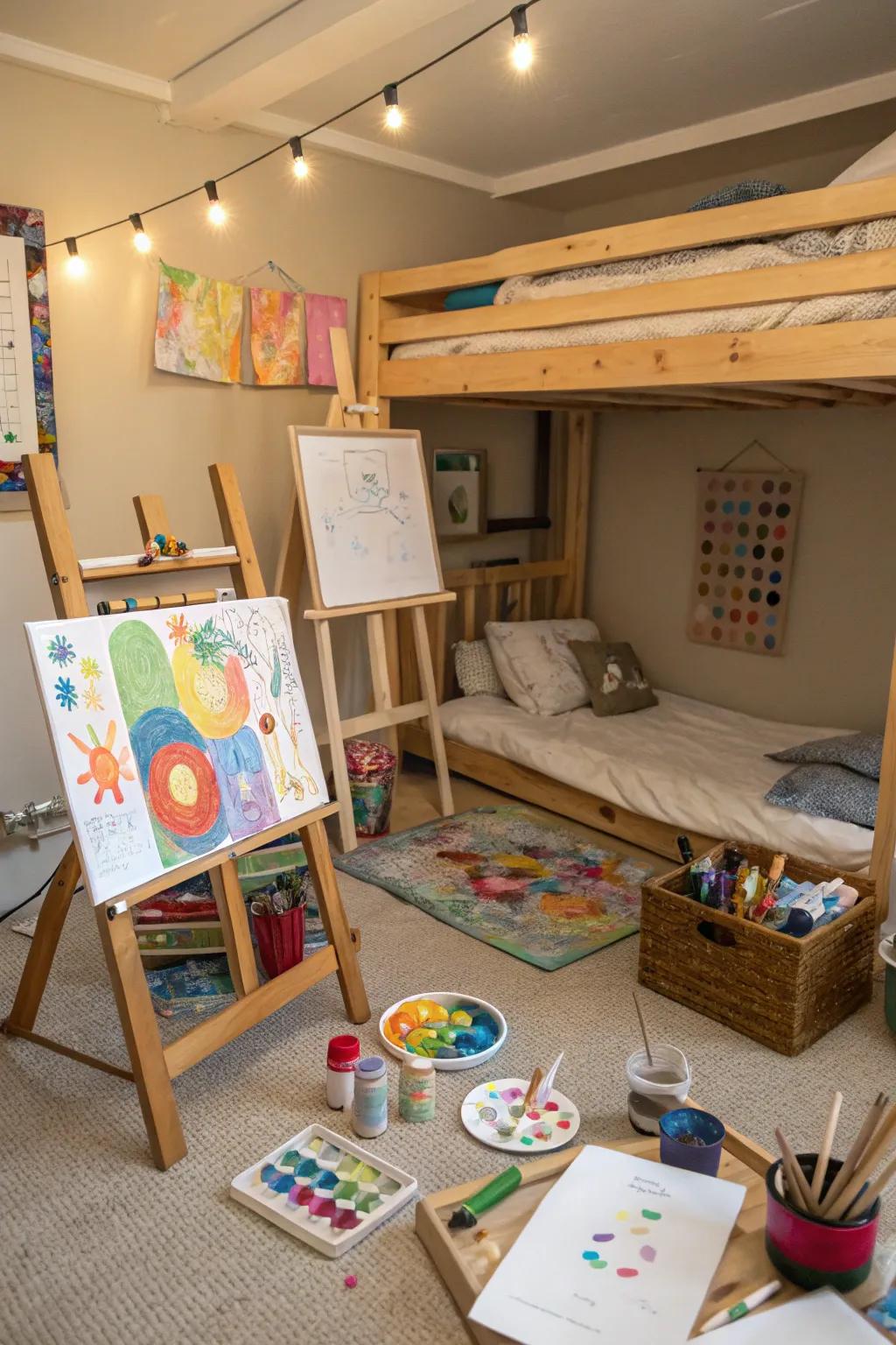 An inspiring artistic studio beneath the bunk bed.