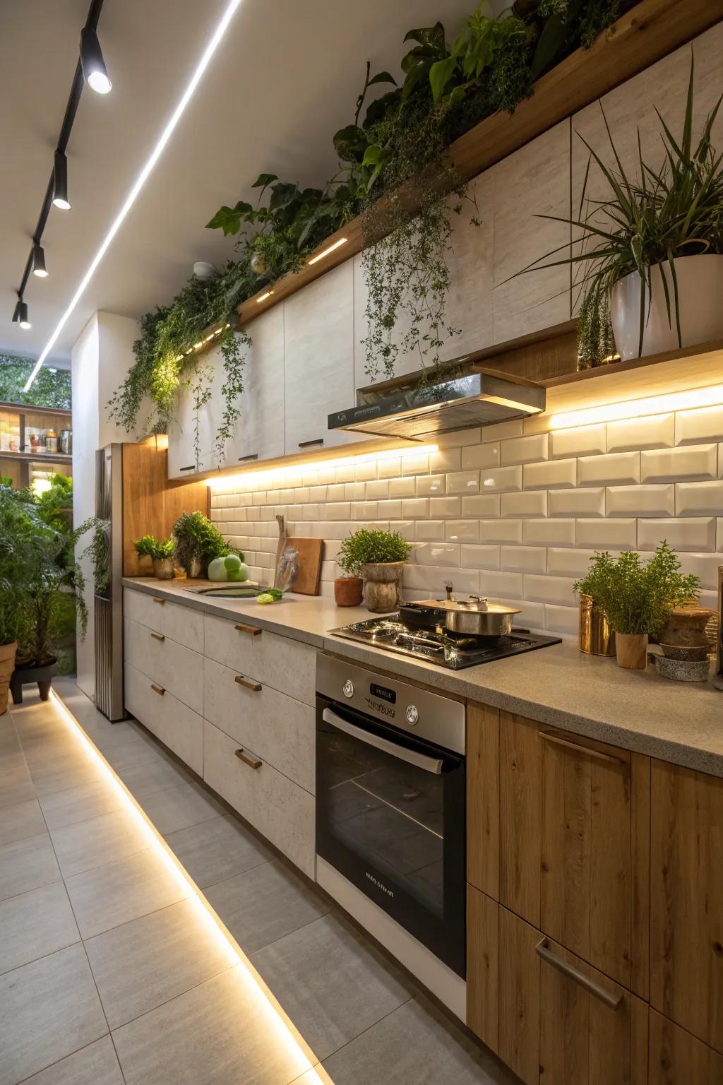 Eco-friendly LED lights provide efficient and sustainable kitchen illumination.