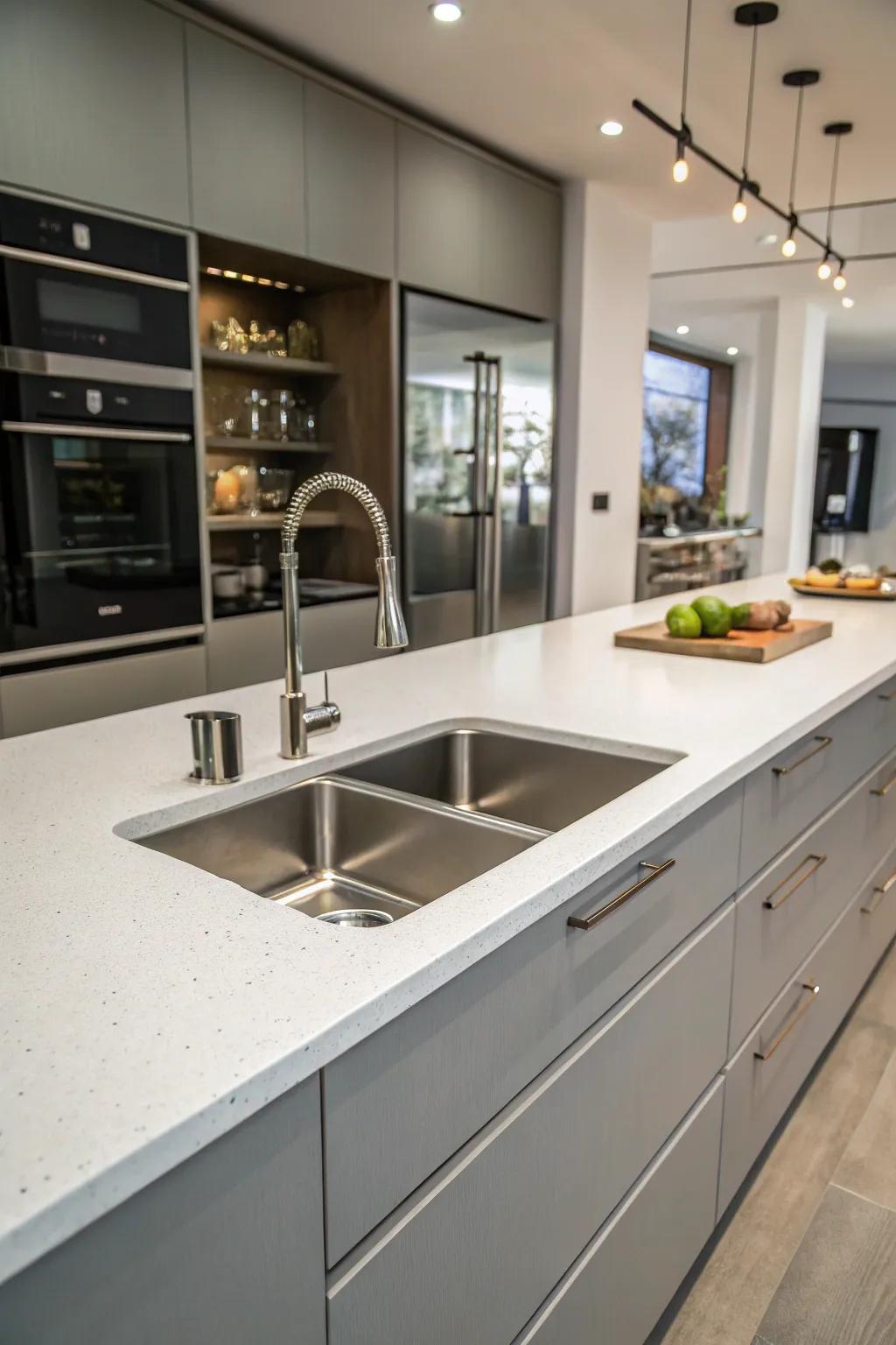 Seamless setup of an undermount sink, strengthening the kitchen’s neat lines.