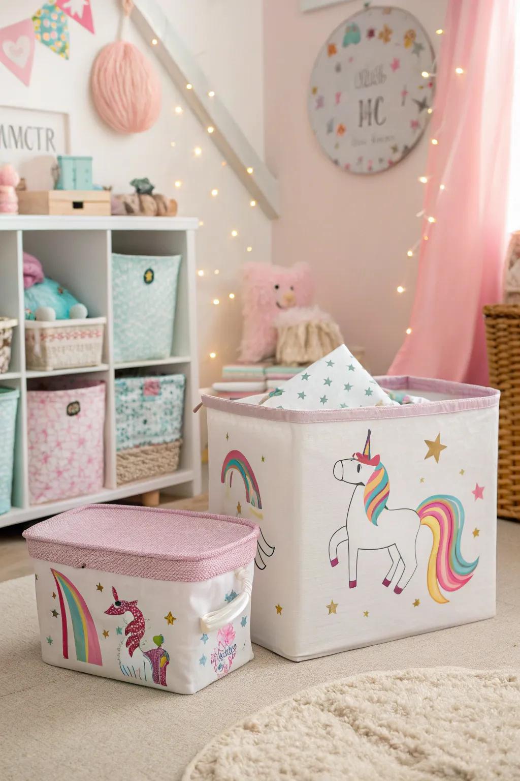 Unicorn-themed storage solutions keeping the magic organized.