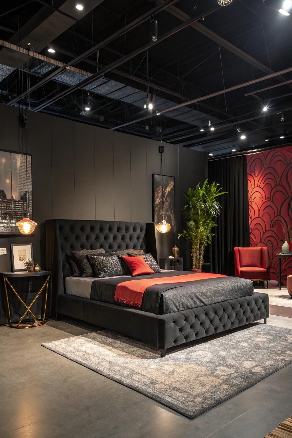 This space is given a daring air of sophistication by the black upholstered bed.