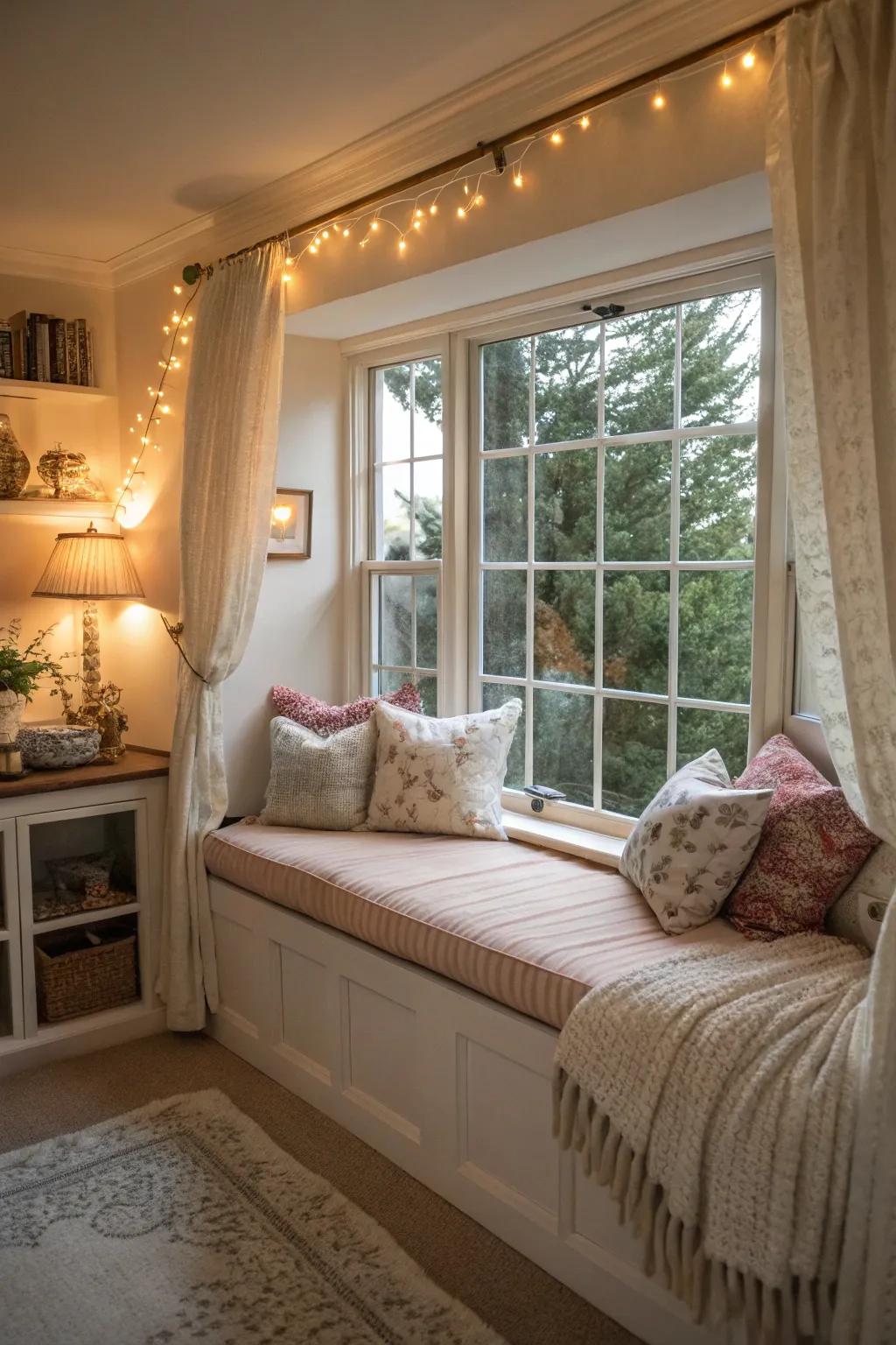 A padded window seat creates a charming reading nook.