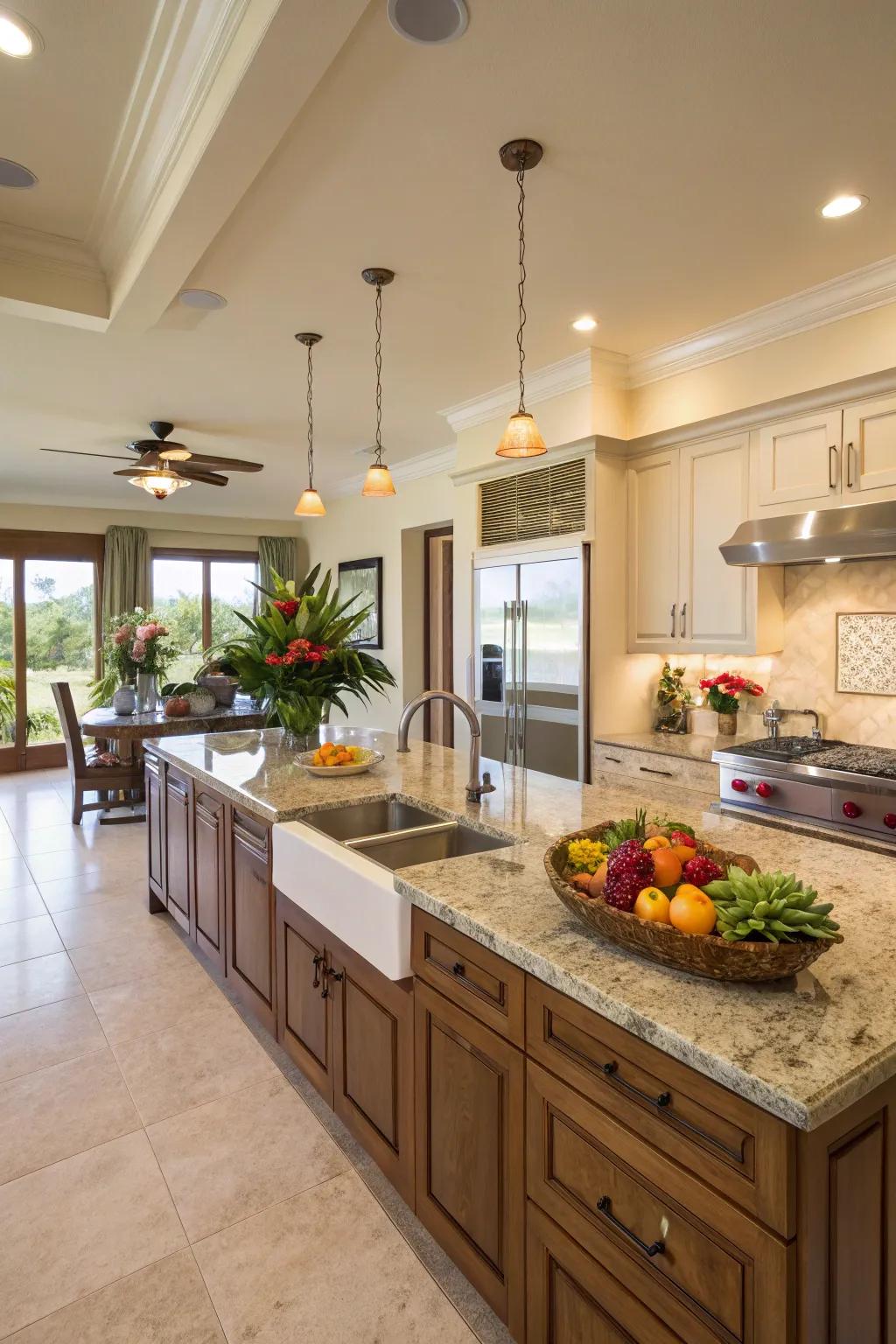 A collaborative kitchen space invites communal meal preparation.