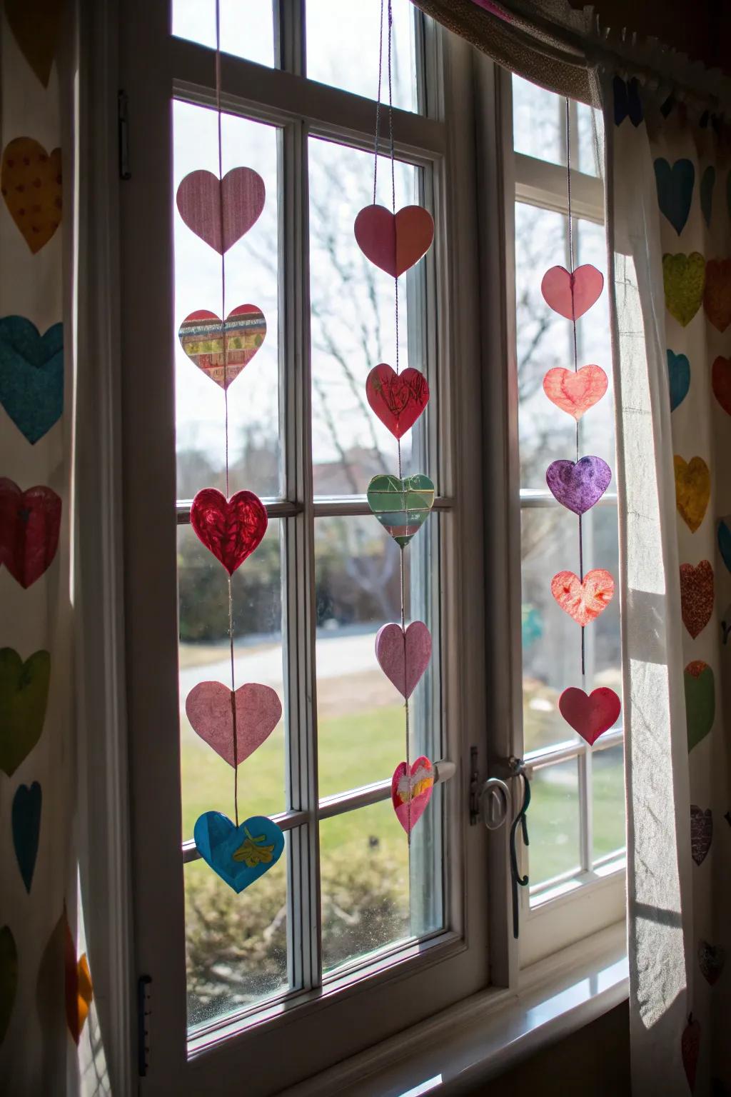 Playful heart ornaments hanging in the window