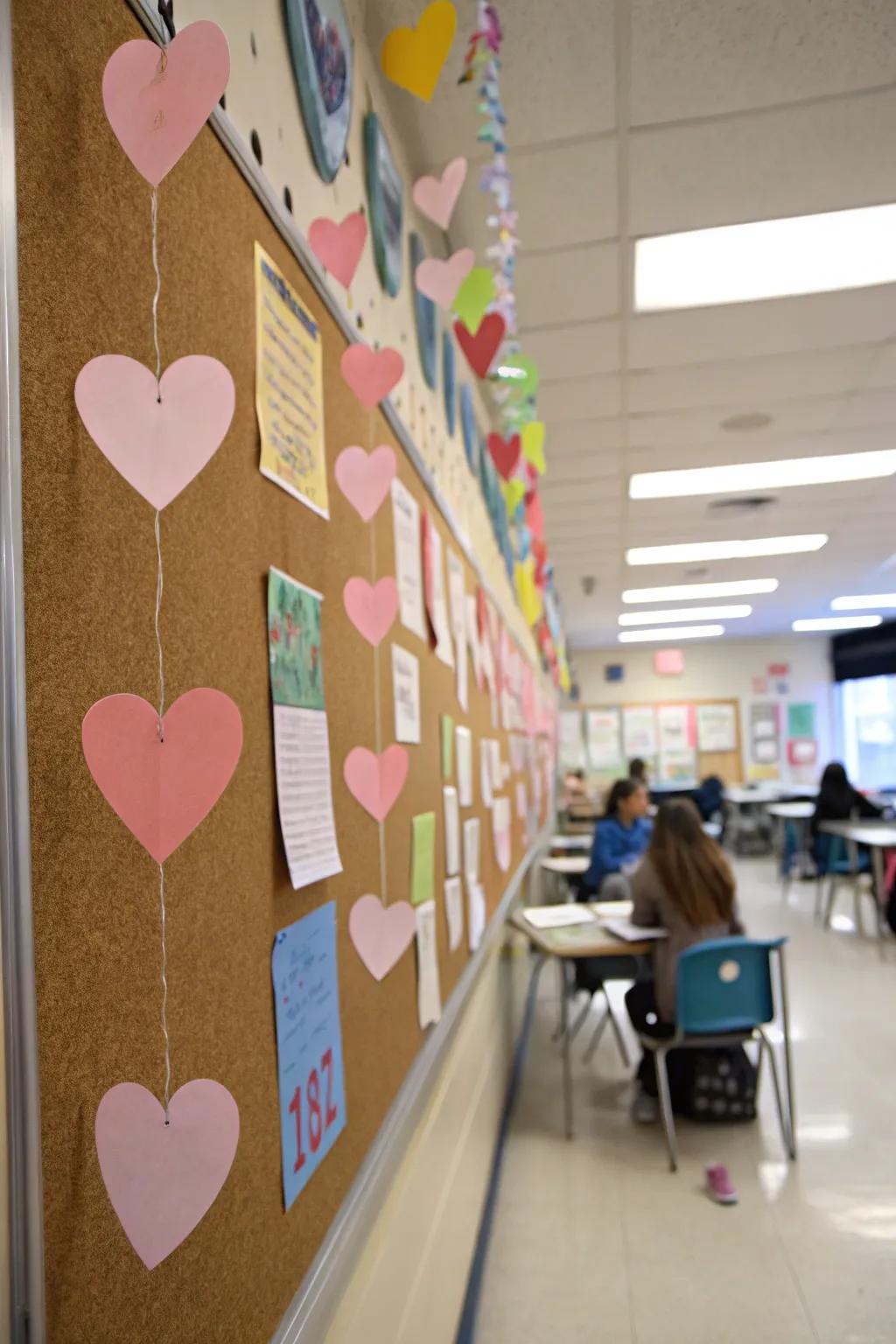 A Floating Hearts bulletin board showcasing bewitching suspended adornments.