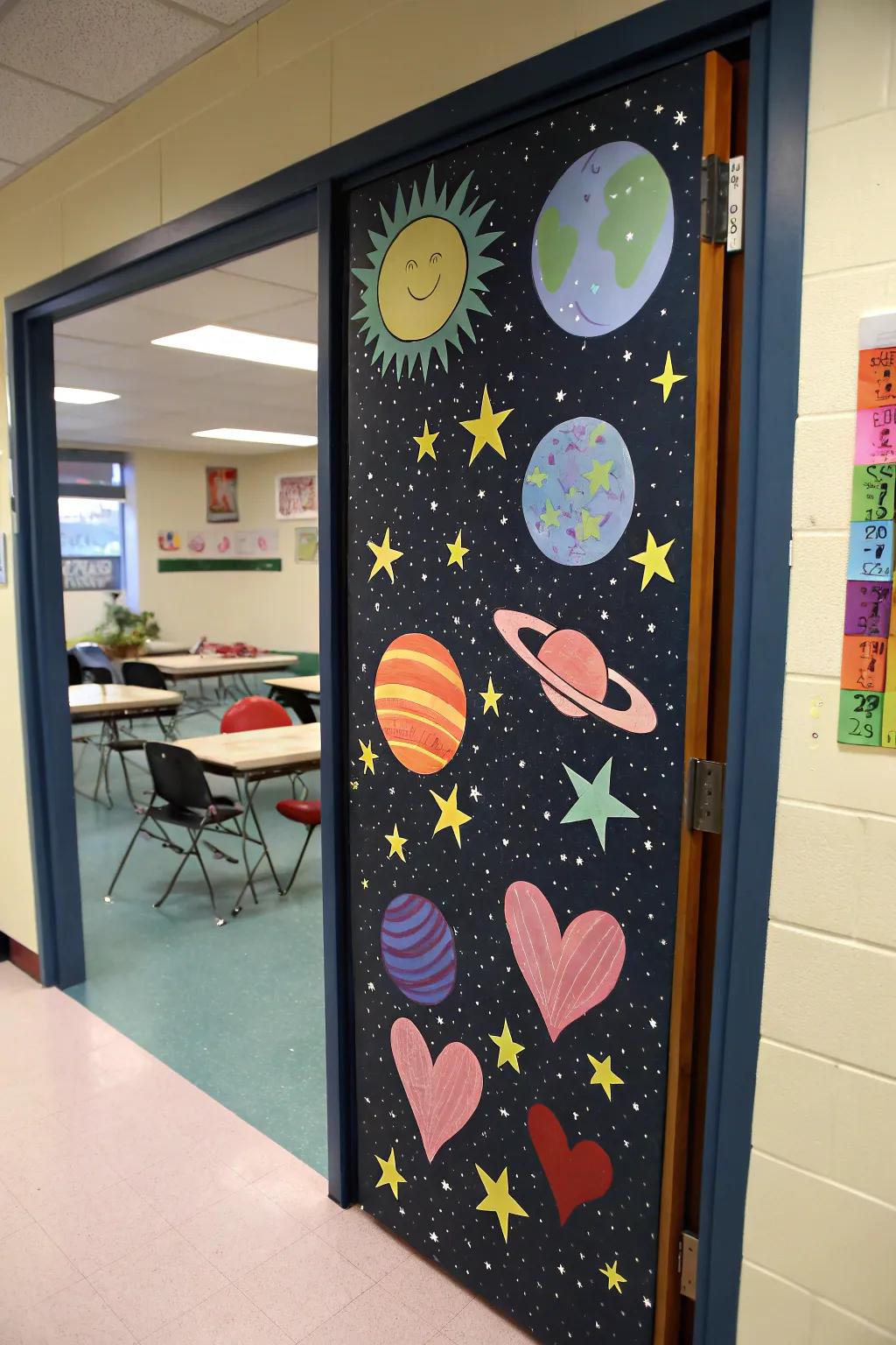 A cosmic-themed learning space door featuring planets, stars, and heart motifs.