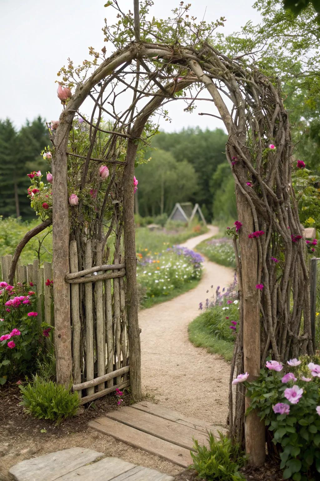 An enchanting branch gate for a fairy-tale garden.