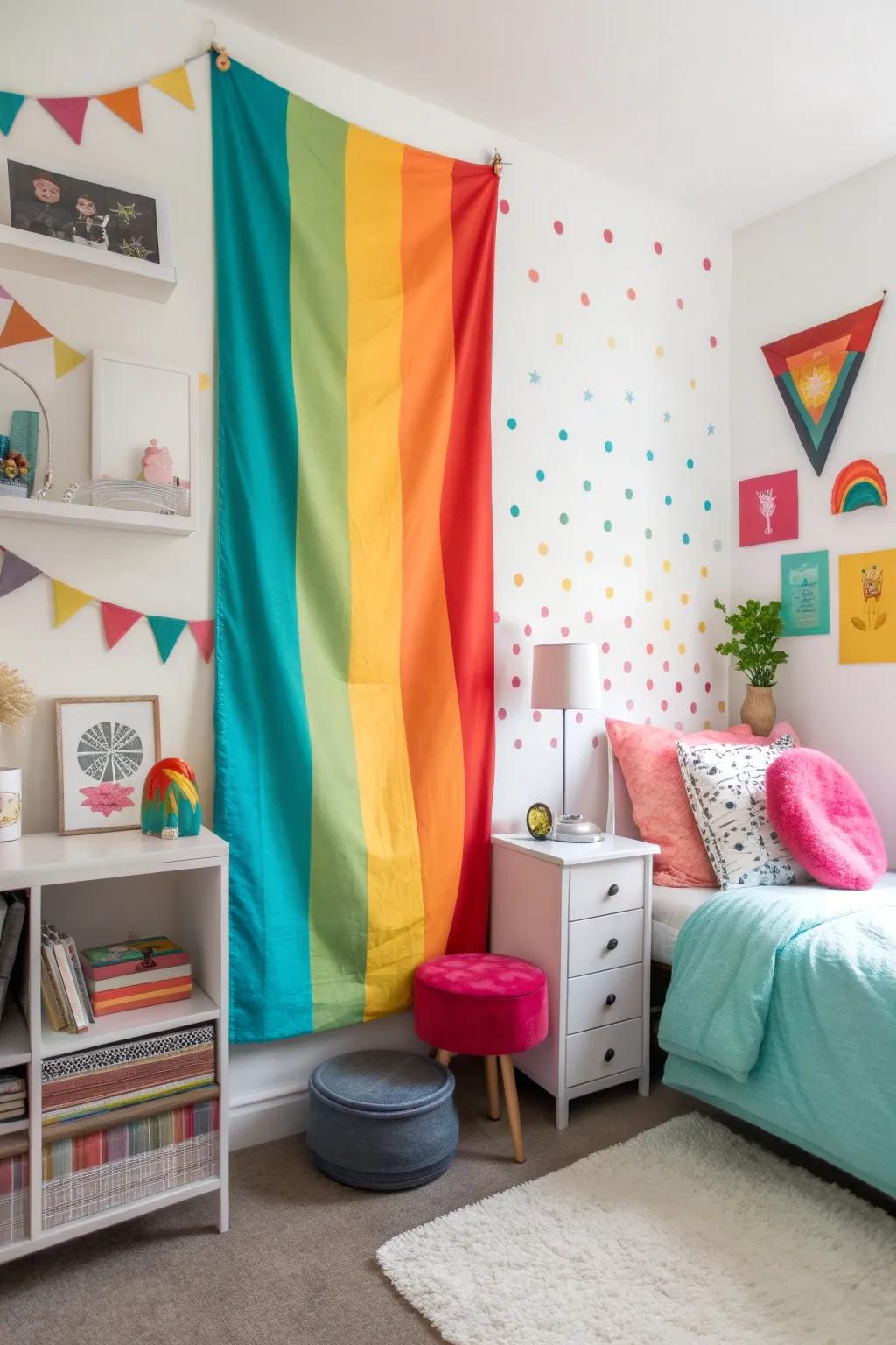 A youthful bedroom is energized by color block patterns on a vertical banner.
