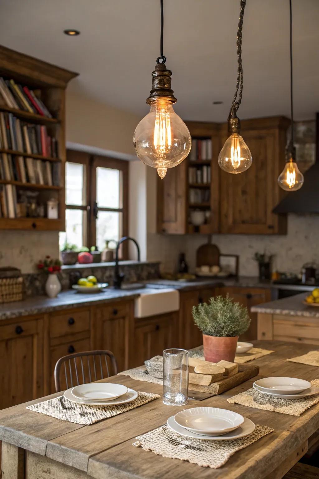 Vintage pendant lights add warmth and charm to the kitchen.