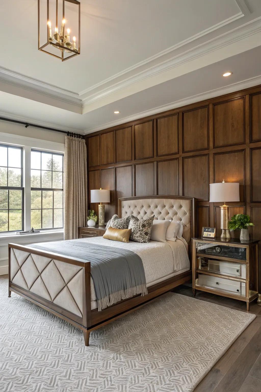 A combination of resources in paneling delivers a modern touch to your bedroom.