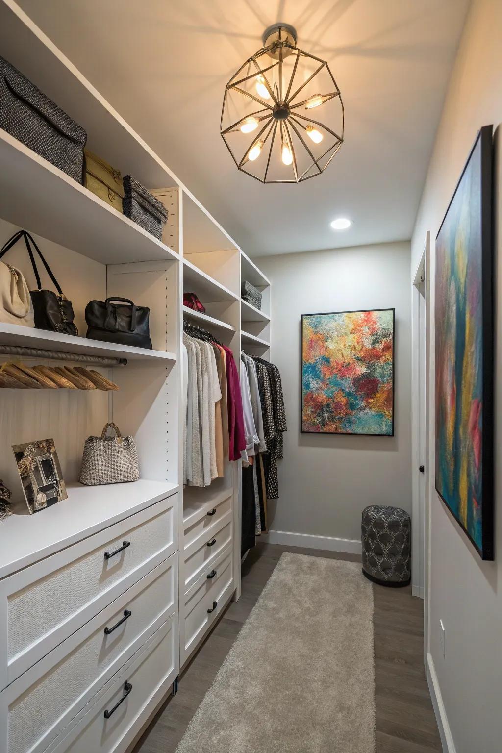 Unconventional pieces like art or unique lighting enhancing the character of the closet.