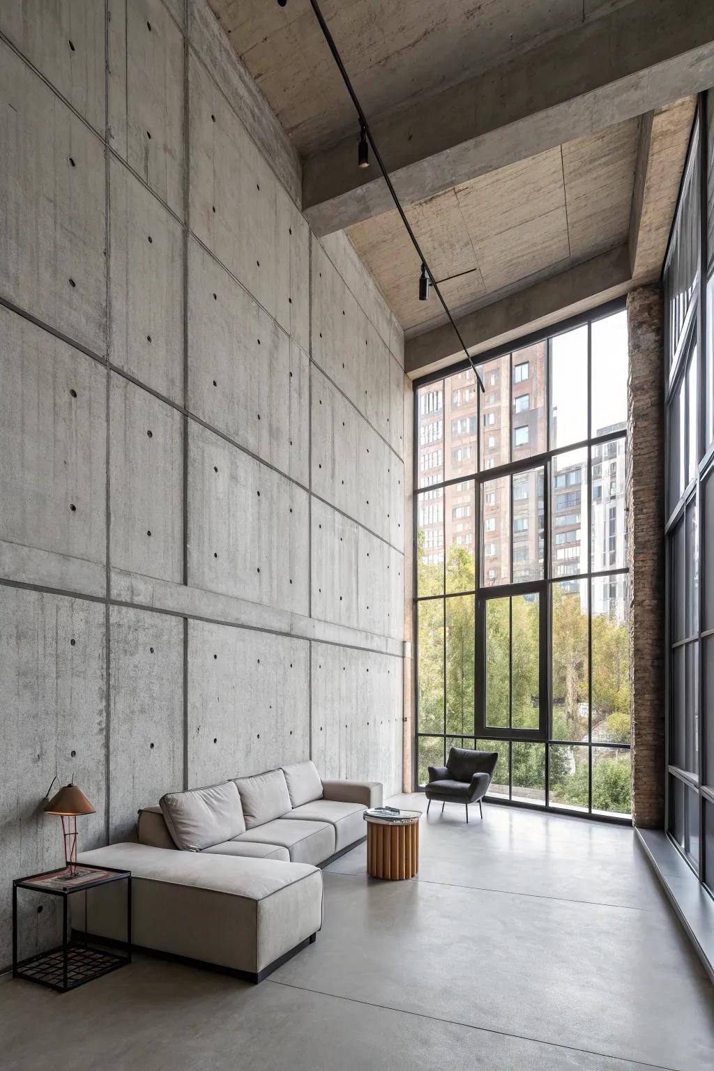 A timeless, urban style is achieved using concrete walls.